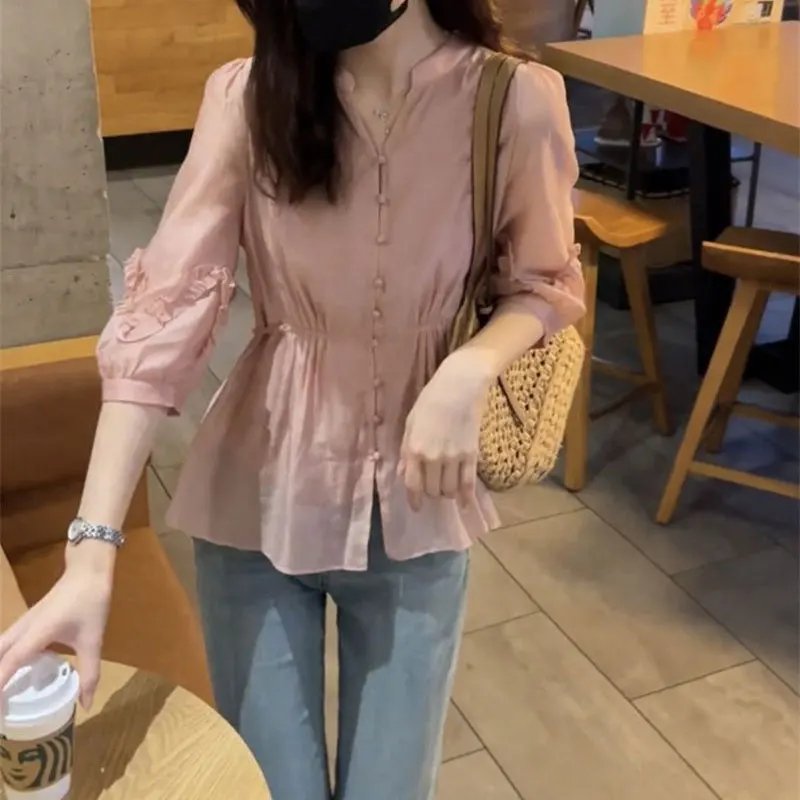 Spring Summer Solid Color Waist Shirt Commute 3/4 Sleeve Female Clothing Single-breasted Stylish Folds Spliced Drawstring Blouse