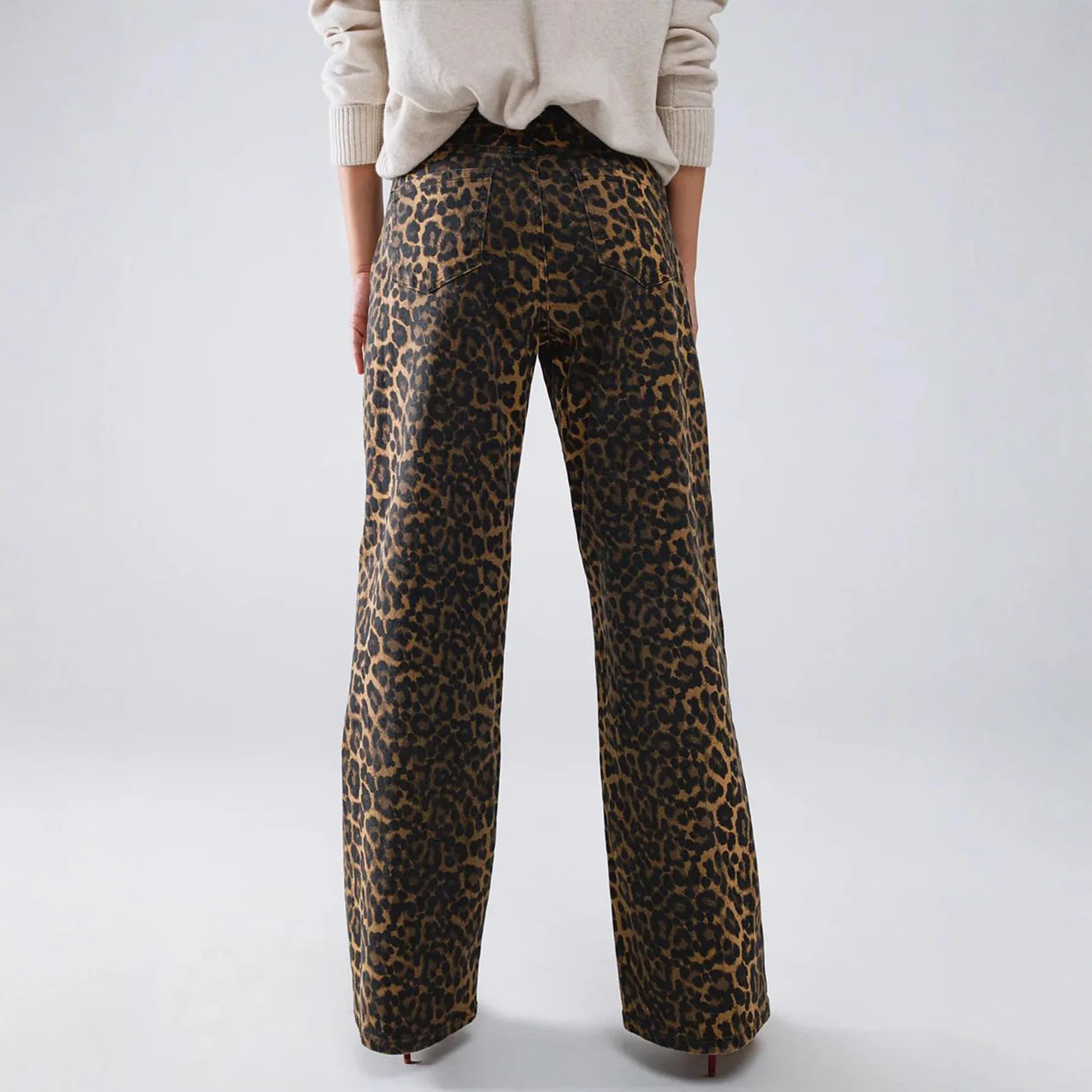 2026 Moda outono/inverno estampa de leopardo jeans de perna reta