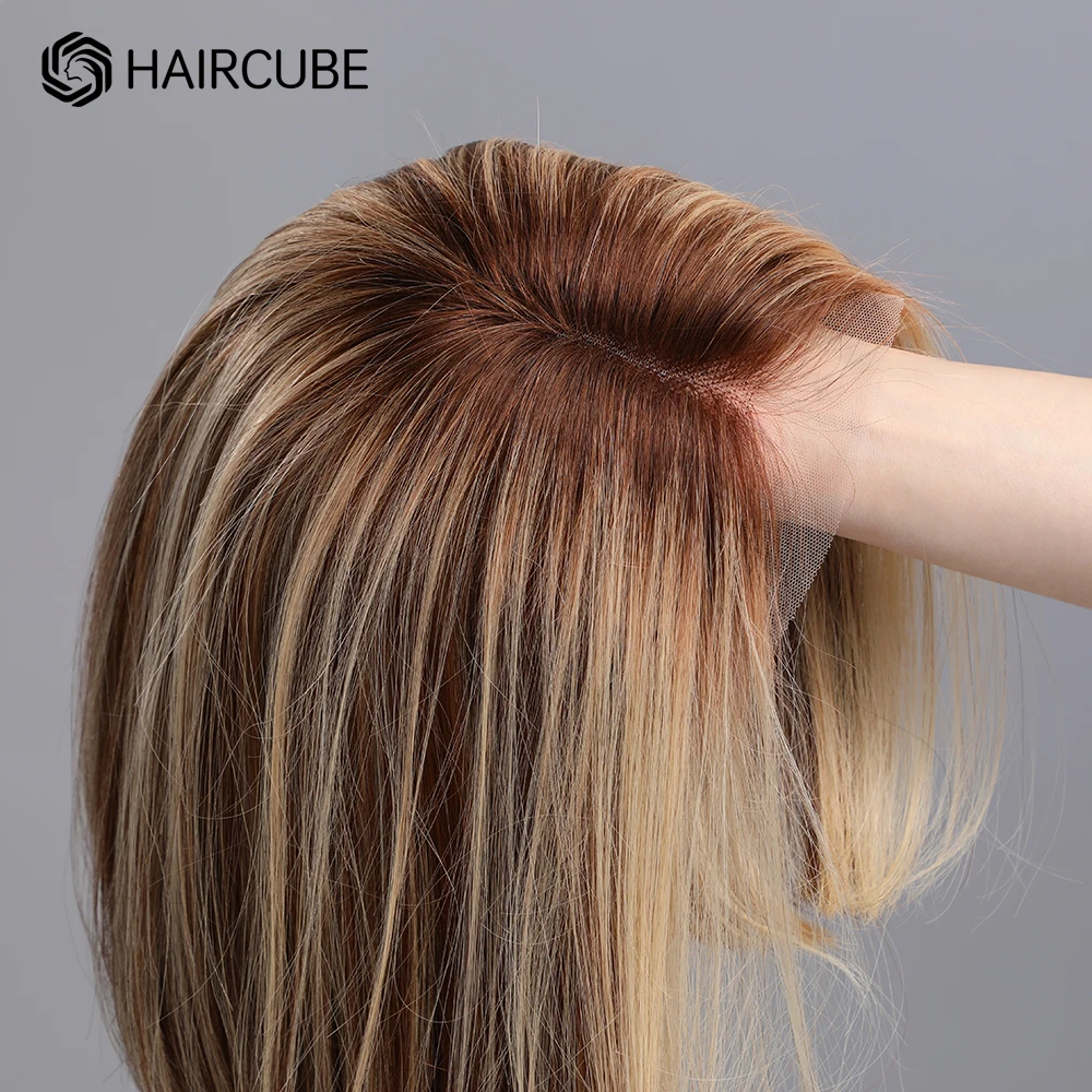 HAIRCUBE-Peluca de cabello humano liso para mujer, postizo de encaje frontal 13x1, corte Bob corto, Marrón mezclado, resistente al calor