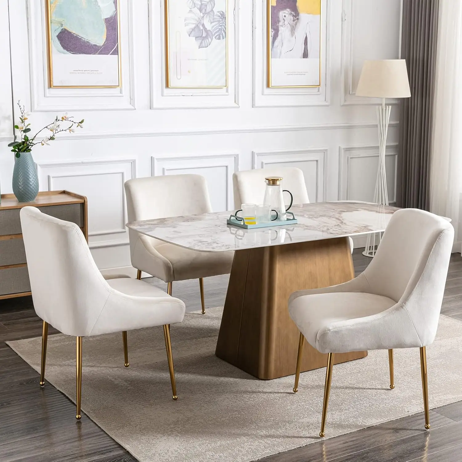 Velvet Dining Chairs Set of 6 Modern Accent Kitchen Chairs Gold Legs Upholstered Guest Chairs Living Room/Restaurant White