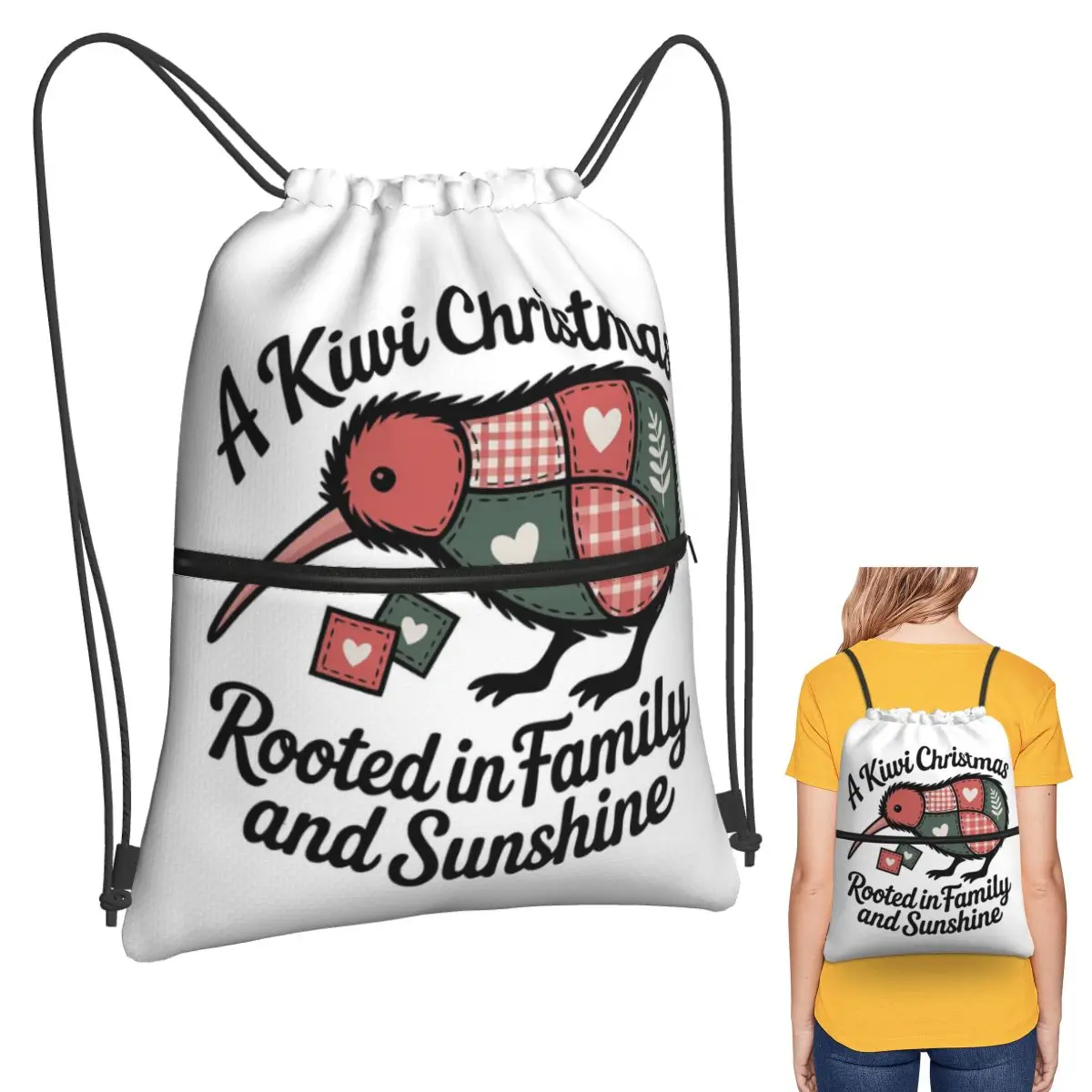 Patchwork Kiwi Silhouette A Kiwi Christmas Backpacks Multi-function Drawstring Bags Storage Bag Book Bags for Travel School