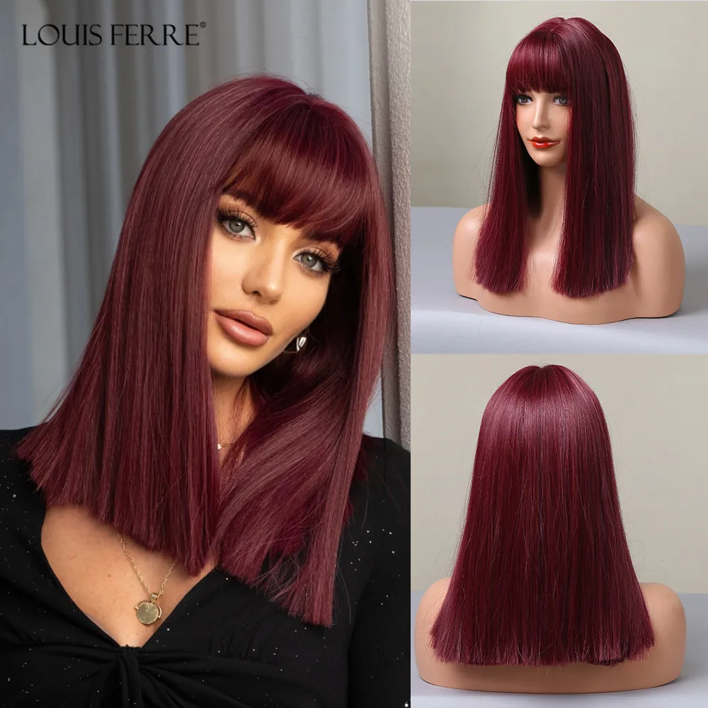 LOUIS FERRE Long Silky Straight Synthetic Wigs With Bangs Burgundy Wine Red Hair Wig for Black/White Women Heat Resistant Fiber