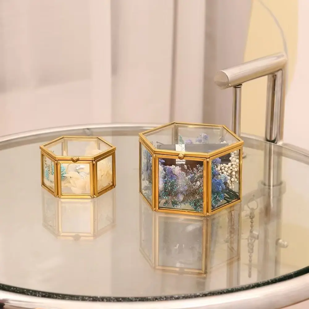 Gold Hexagonal Ring Box Glass Luxurious Jewelry Accessory Box Hexagon Geometric Retro Jewelry Storage Box Jewelry Storage