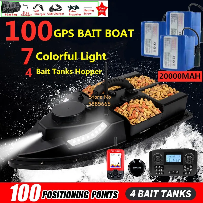 54CM 4 Hopper 100 GPS Auto Return Cruise RC Fishing Bait Boat 500M 2KG Adjust LED Lighting Waterproof Remote Control Bait Boat