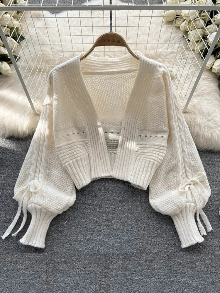 Women Autumn Winter Cardigan Design Sense Lantern Sleeve Knitted Versatile Knitting Bow Tie Short Long Sleeve Shawl Top D2156