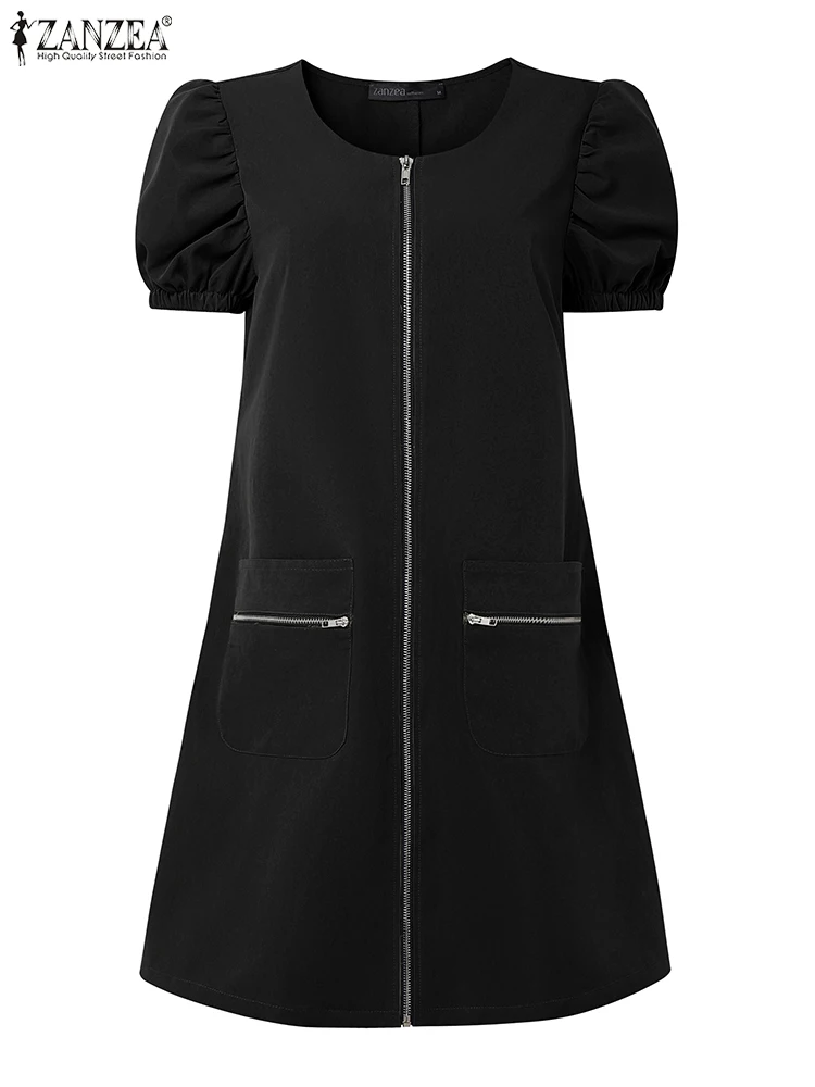 ZANZEA Damen-Minikleider mit Reißverschluss, 20225, Sommermode, kurze Puffärmel, O-Ausschnitt, 4 Farben, kurzes Kleid, Cargo-Arbeitskleidung, S-3XL
