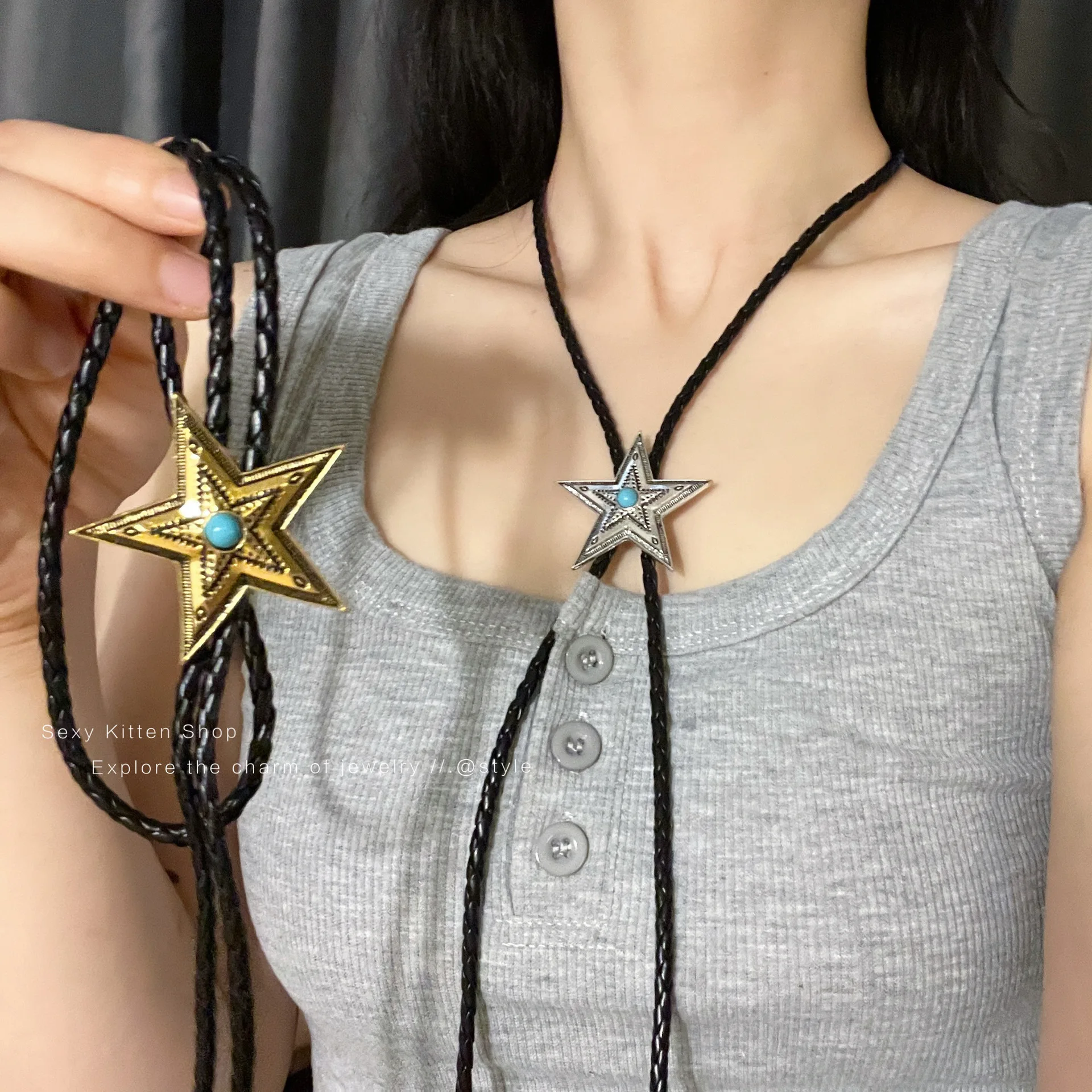 Y2k ستار حزام للنساء Harajuku قلادة 2000s حزام فتاة الجمالية قلادة الفيروز قلادة خمر اكسسوارات