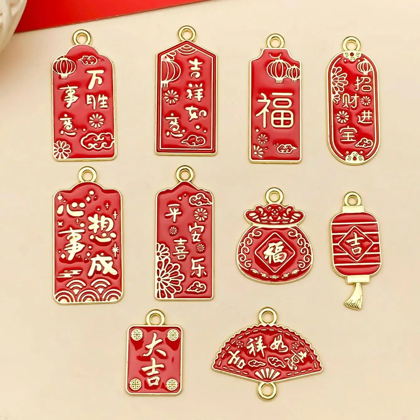 5/10pcs New Year Red Chinese Style Charms New Year Wishing Words Pendants For DIY Jewelry Making Accessory Spring Festival Gift