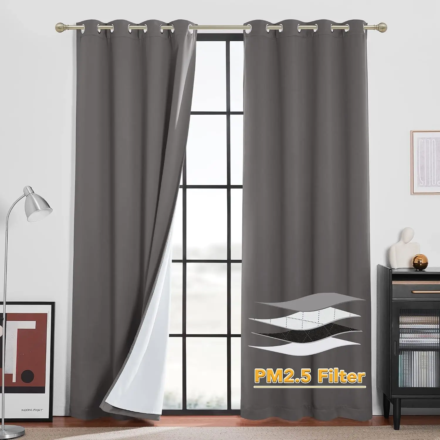 Blackout Insulated Dust Filtering Soundproof Drapes Grey Window Panels