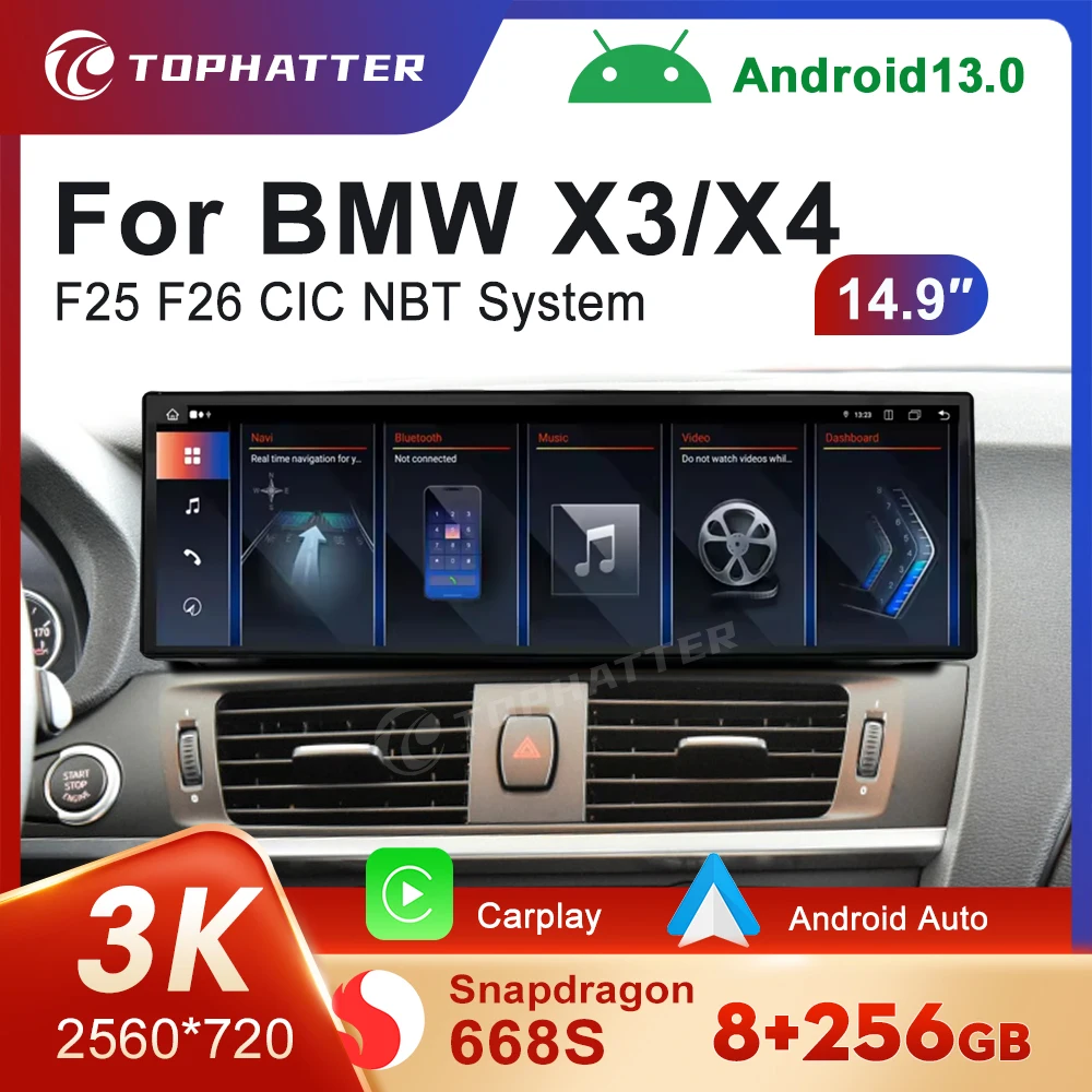 14.9 inch Car Radio For BMW F25 F26 X3 NBT CIC System CarPlay Android 13 Auto Multimedia Player Screen 668S Head Unit ID8 DSP