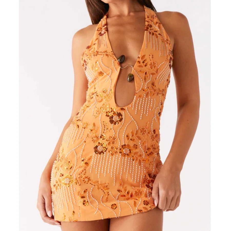 Y2Kผู้หญิงมินิHalterคอชุดเลื่อมประดับด้วยลูกปัดดอกไม้แขนกุดBacklessชุดBodyconสําหรับDaily Party Club