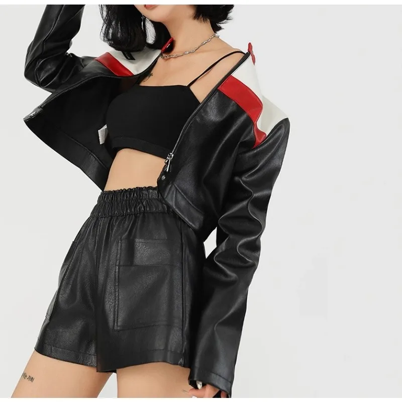 New Contrasting Splicing Locomotive Suit Bomber Jacket Short Jacket Leather Jacket Women