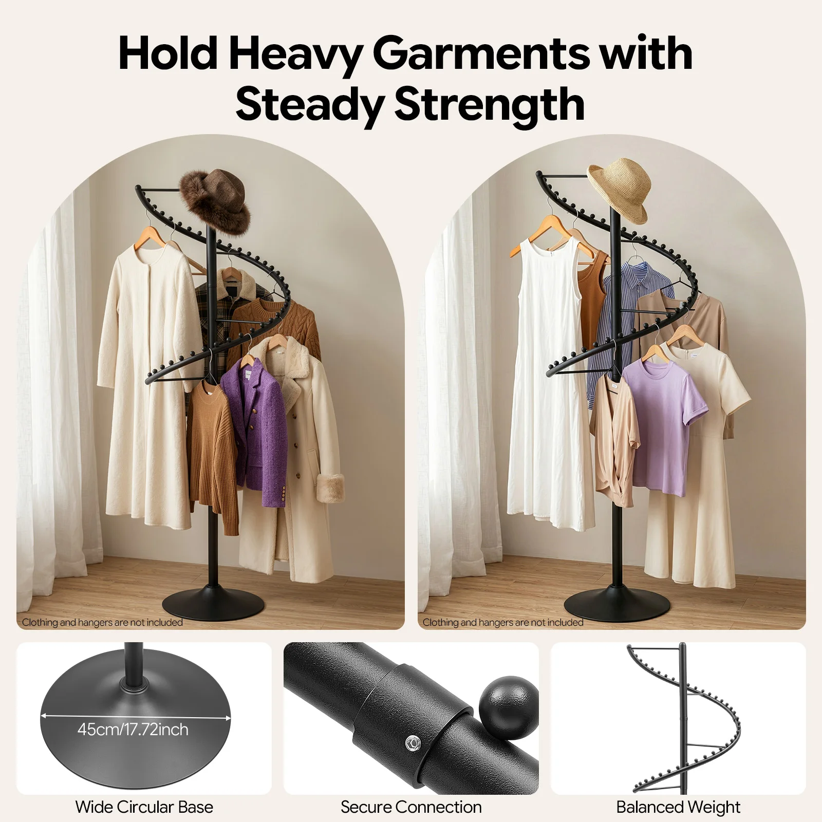 Spiral Rotating Clothing Rack 360° Retail Garment Rack 38 Ball Heavy Duty Black for Store Bedroom Living Room
