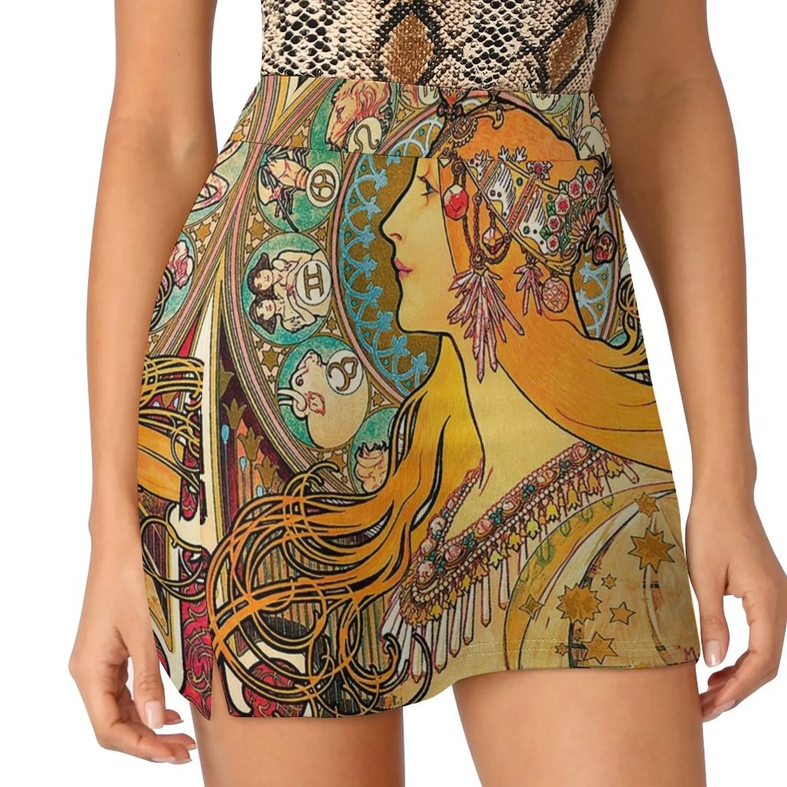 HD. Zodiac (Original version), by Alphonse Mucha (1896) ORIGINAL COLORS Mini Skirt Women skirt luxury women's skirt