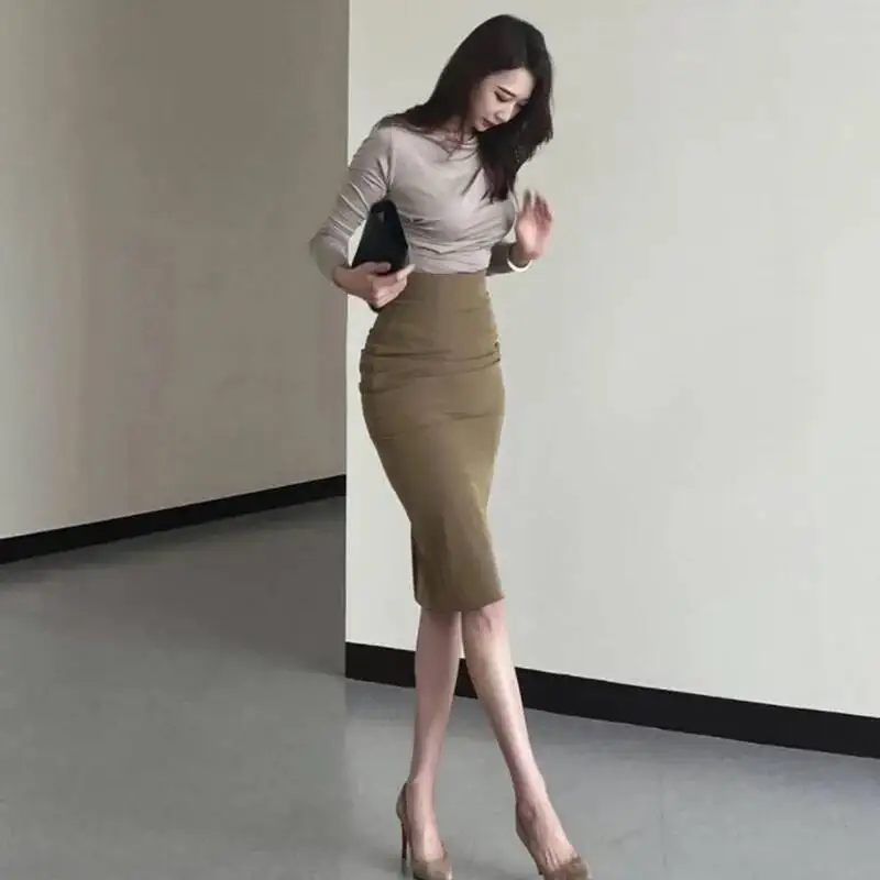 

Korean Elegant Slim Sexy Hot Girl Feminine Ruched High Waist Bodycon Midi Skirt For Women Fashion Women Skirts 2025 New 8H7F