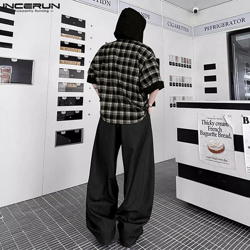 INCERUN Men Sets Plaid Patchwork Hooded Short Sleeve Hoodies & Pants Two Pieces Sets Streetwear 2025 Fashion Loose Men's Suits