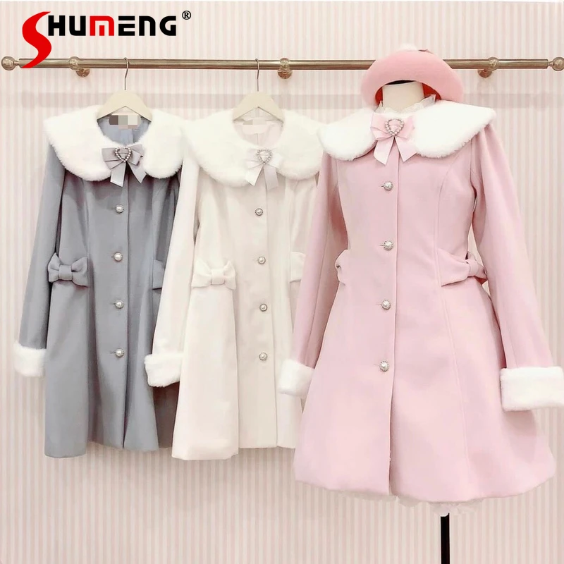 

Women's Japanese Style Sweet Girls Pink Lolita Woolen Coat Female Slim Fit Elegant Bow Fur Collar Overcoat Autumn and Winter