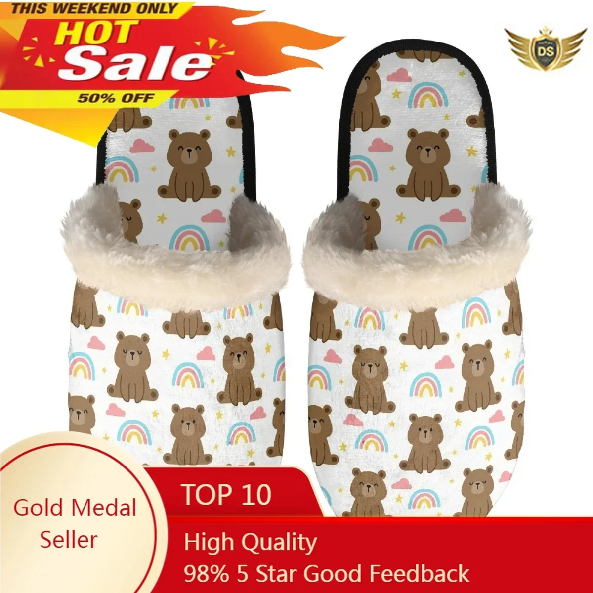 Printed Cute Bear/Goose/Raccoon Ladies Winter Slippers Indoors Casual Warm Slippers Lightweight Non Slip Woman Bedroom Slippers