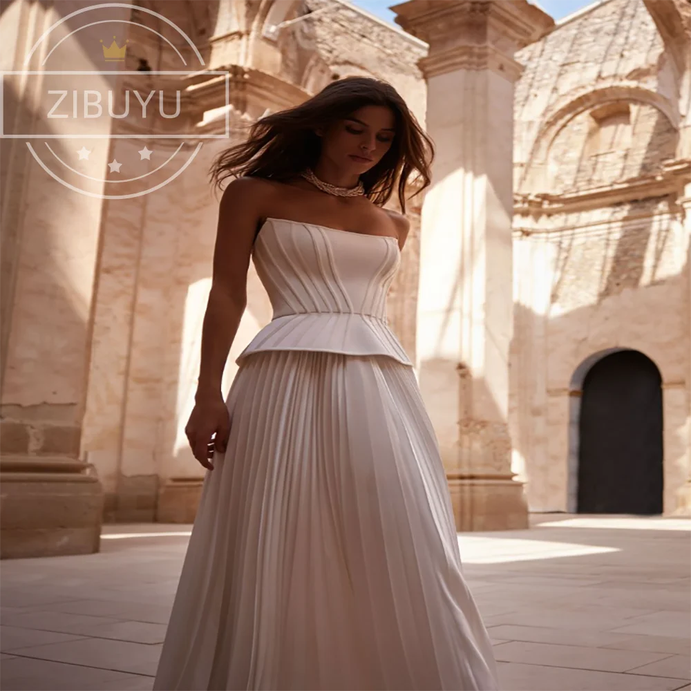 ZIBUYU Personalizowane Proste Suknie Ślubne w Kształcie Litery A Bez Rękawów z Satyny do Ziemi 2025 Eleganckie Suknie Ślubne Bez Ramiączek z Tiulu llluison