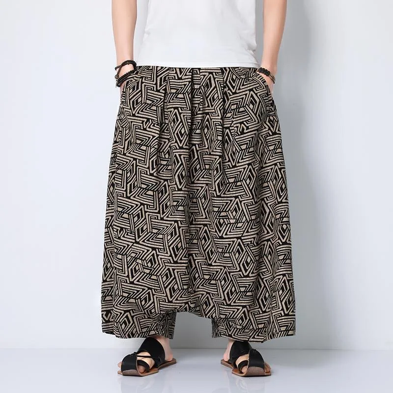 Men Cool Casual Drop Crotch Harem Pants Male Summer Loose Comfortanle Skirt Pants Gentlemen Nepal Wide Leg Linen Print Trousers