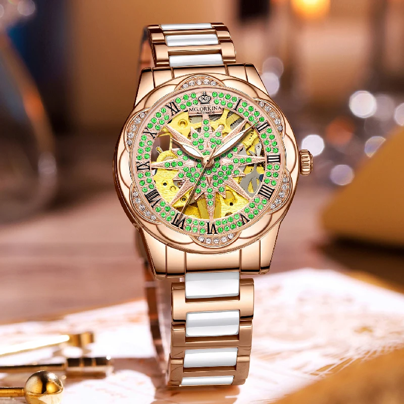 

Часы ORKINA Iced Out для женщин, автоматические механические деловые наручные часы с бриллиантовым скелетонизированным циферблатом, керамический ремешок из нержавеющей стали