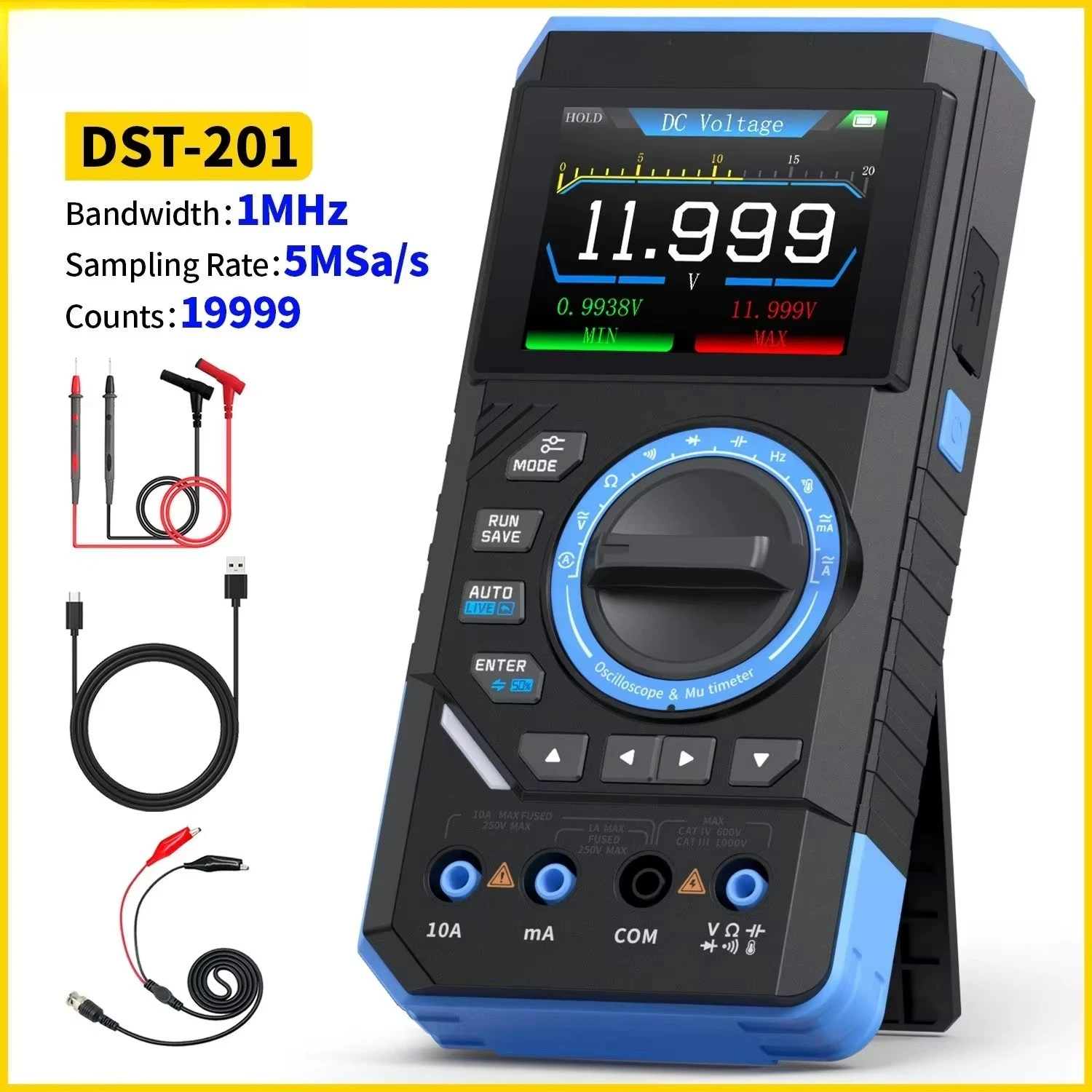 DST201 Handheld 3-in-1 Oscilloscope Signal Generator 1MHZ 5MSa/s 500ns~20s Multi-function Multimeter