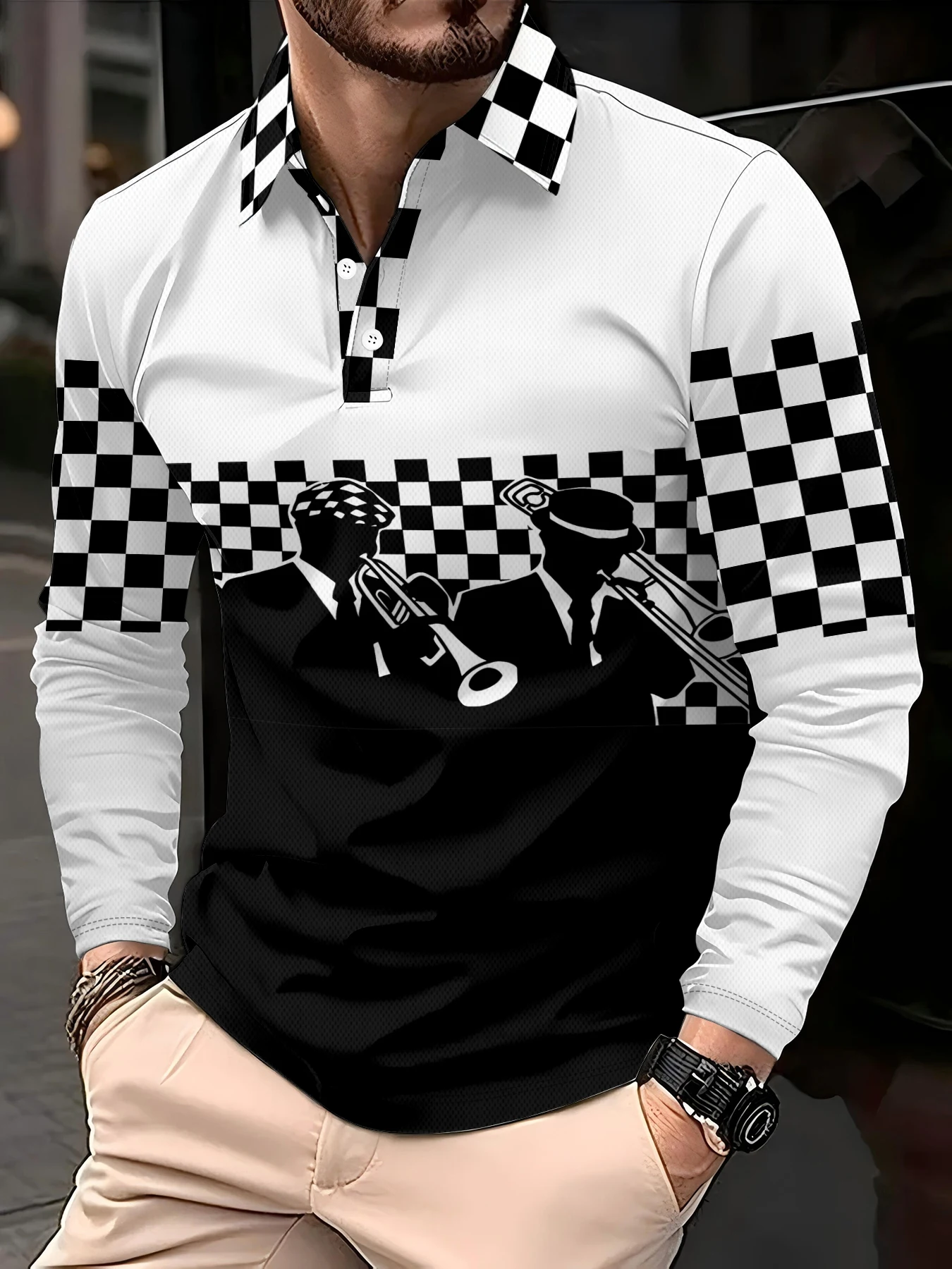 New Autumn-Winter Men's Long-Sleeved Polo Shirt with Checkered Print Design Suitable for Casual Street Wear