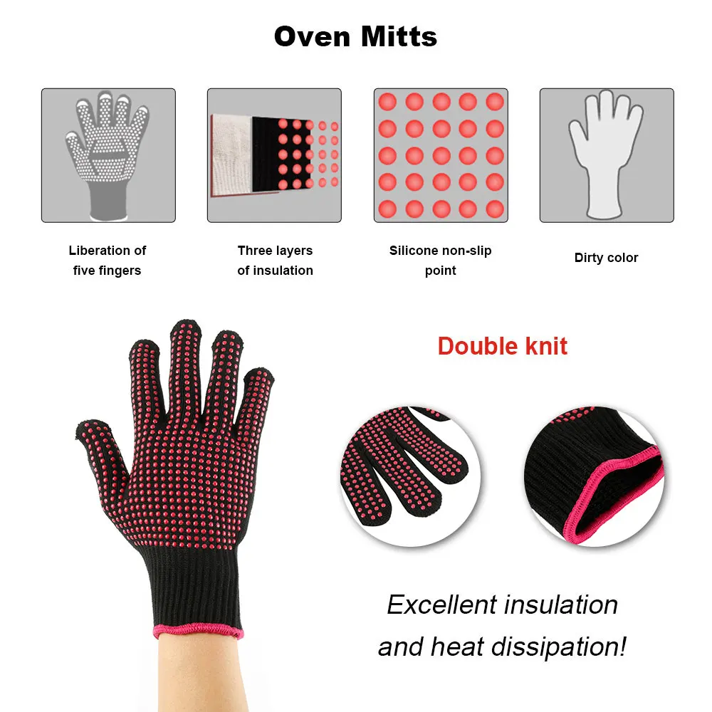 BBQ Gloves Heat-Resistant Grill Gloves Kitchen Microwave Oven Mitts Heat Proof Non-Slip Barbecue Gloves Baking Accessories