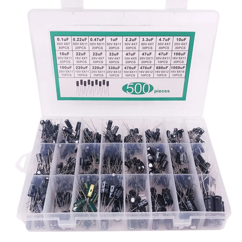 500PCS Electrolytic Capacitor Mixed DIP Electrolyte Capacitors 10V 16V 25V 50V Electronic Kit  0.1uF-1000uf 24Values Elektronika