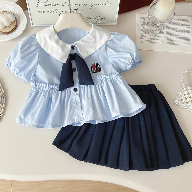 

Girls' Preppy Style Suit Summer2024New Western Style Baby Girls' Short-Sleeved Pleated Skirt for ChildrenJkSkirt Two-Piece Set