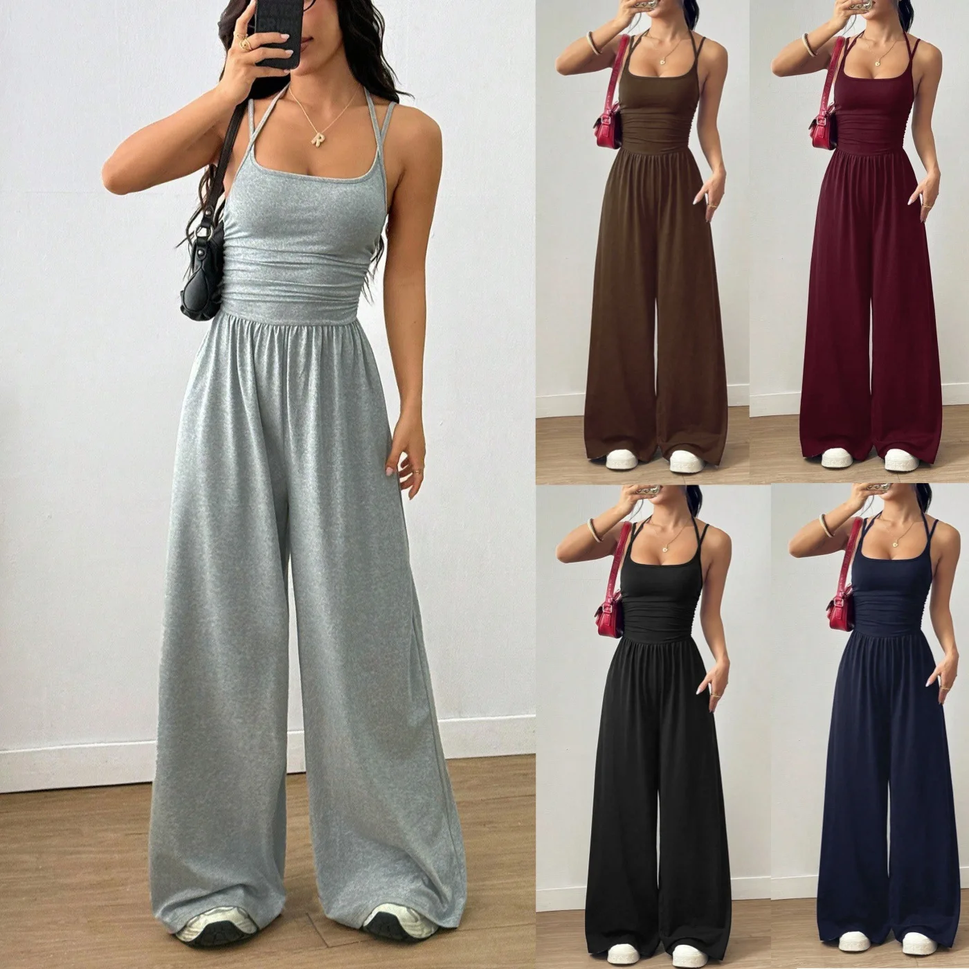 Women Halter Spaghetti Strap Jumpsuits Summer Casual Elastic High Waist Backless Wide Leg Long Pants Romper Club Party Overalls
