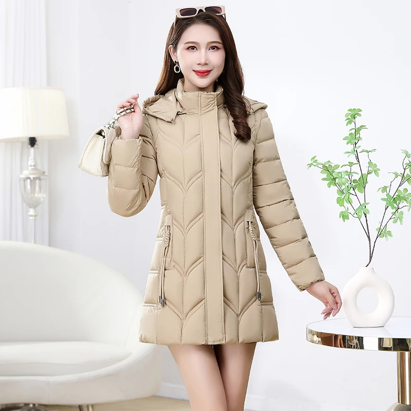 Winter Slimming Slim Fit Mid To Long Length Cotton Jacket for Women Waist Cinching Warm Detachable Hat Outwear Female Overcoat