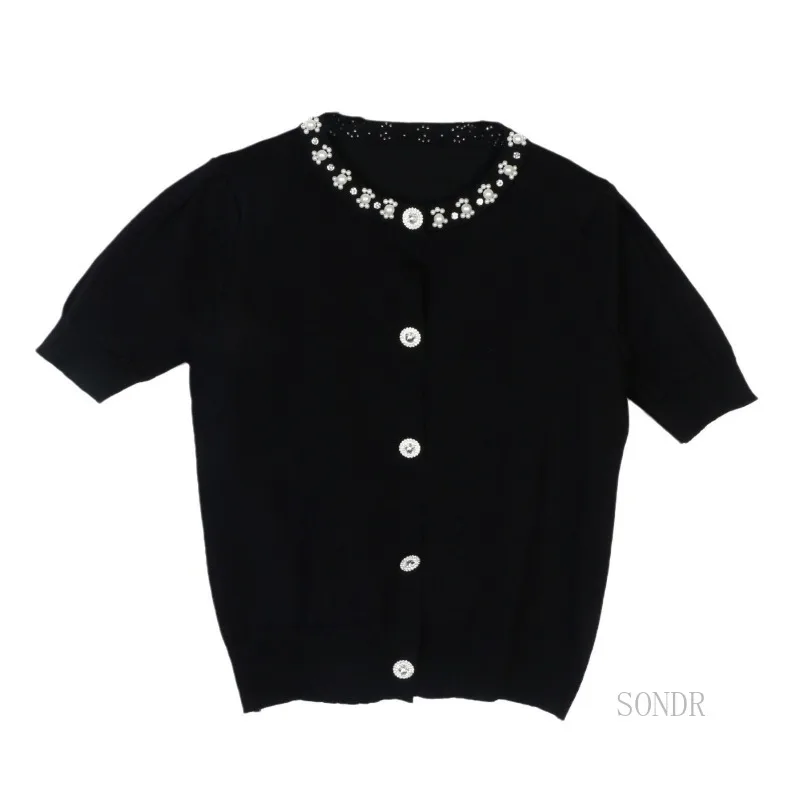 

Black Summer Cardigan Short Sleeved Beaded Round Neck Knit Shirt Women 2024 Summer Thin Tops Slim Hollowed Out Cardigan Top