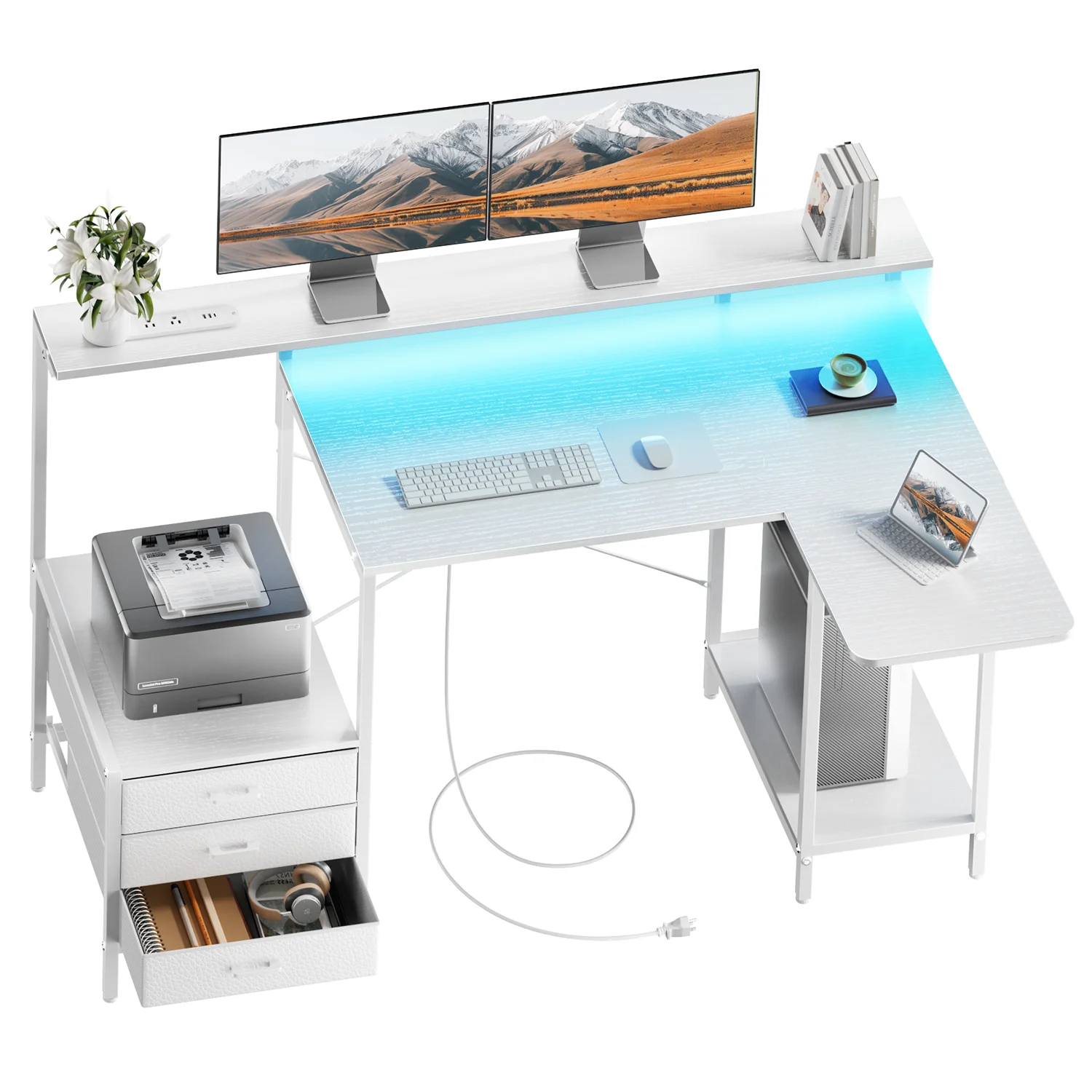 55inch L-Shaped Computer Desk with LED Lighting USB Charging Ports & Power Sockets Home Office Desk with Drawers And Open Shelving Sturdy Metal Frame for Bedrooms Living Rooms Flats Small Spaces