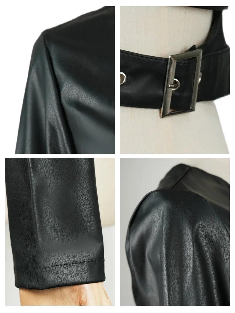 JHJN Chaqueta de cuero PU de un solo hombro sin cuello negra Cultivar el personaje moral Chaqueta corta irregular de baile callejero Rock