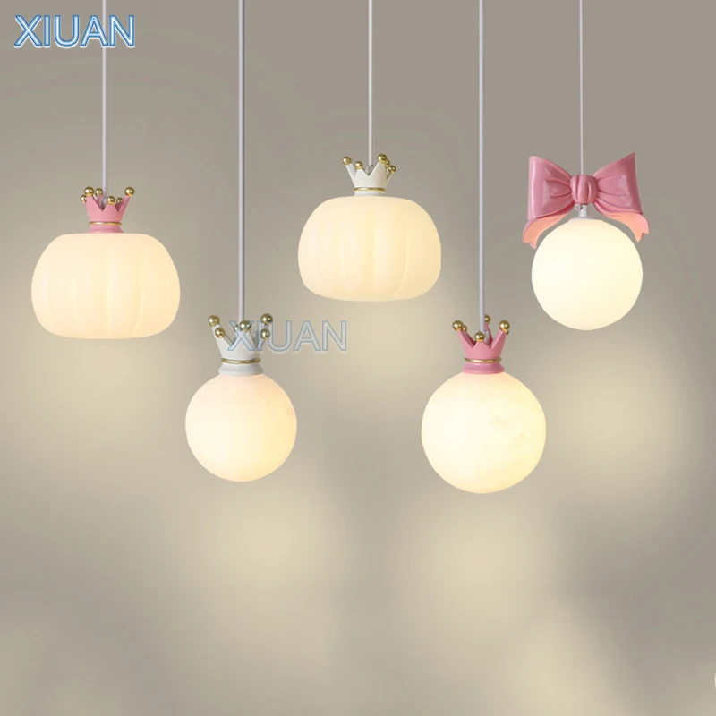 Small Children's Room Bedside Pendant Lamps White Pink Crown Bowknot Princess Bedroom Hanging Light G9 Girls Cloakroom Hallway