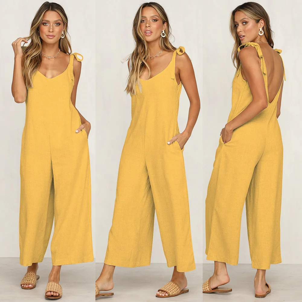 

Summer Women's Bow Jumpsuit Casual Knot One-Piece Seven-Piece Pants Svel Medium Thin Other Material