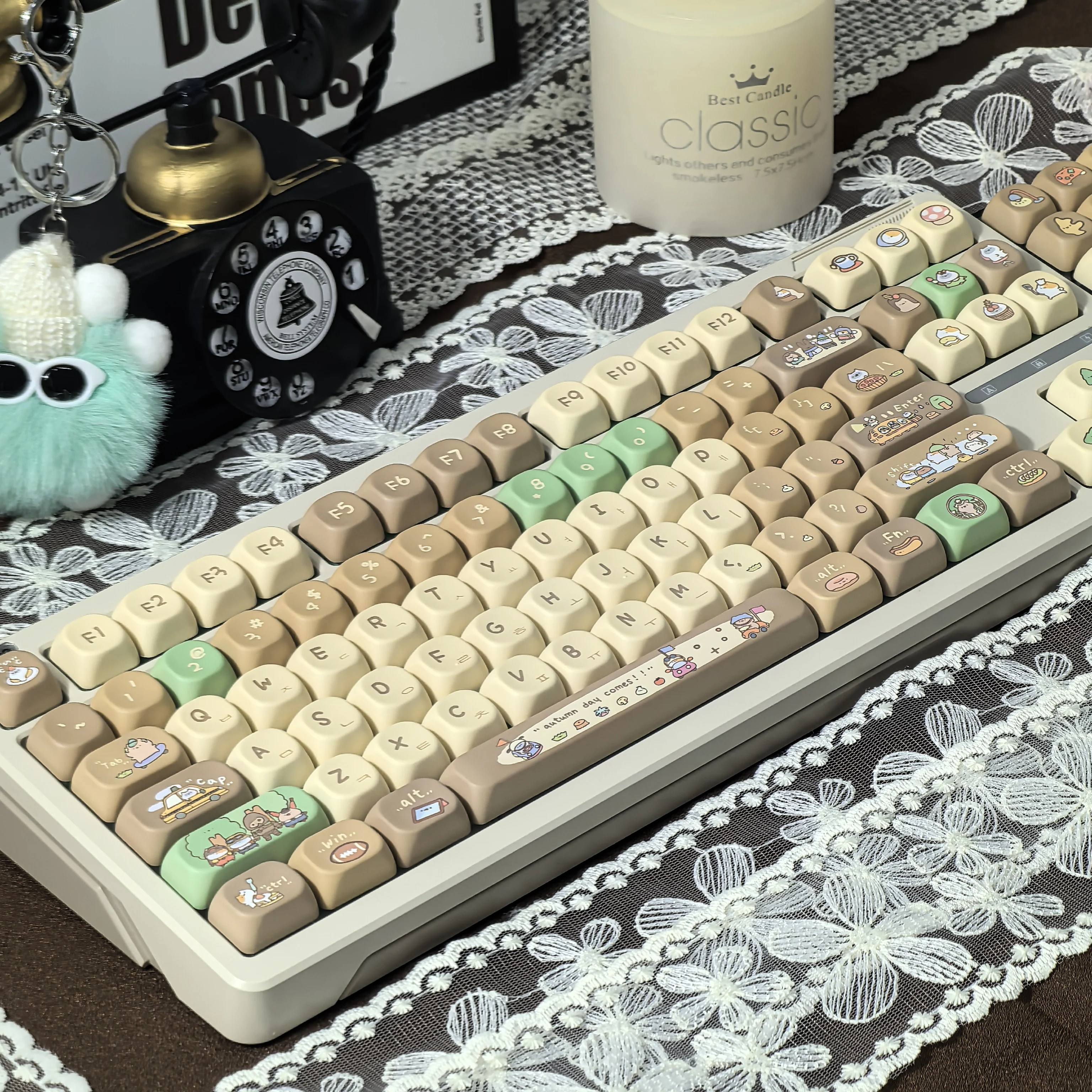 Imagem -02 - Teclado Mecânico Retro dos Desenhos Animados Keycap Redondo Marrom Verde ru Retro Keycap Leite de Feijão de Cacau Bonito Khaki Pbt Moa 127 Teclas