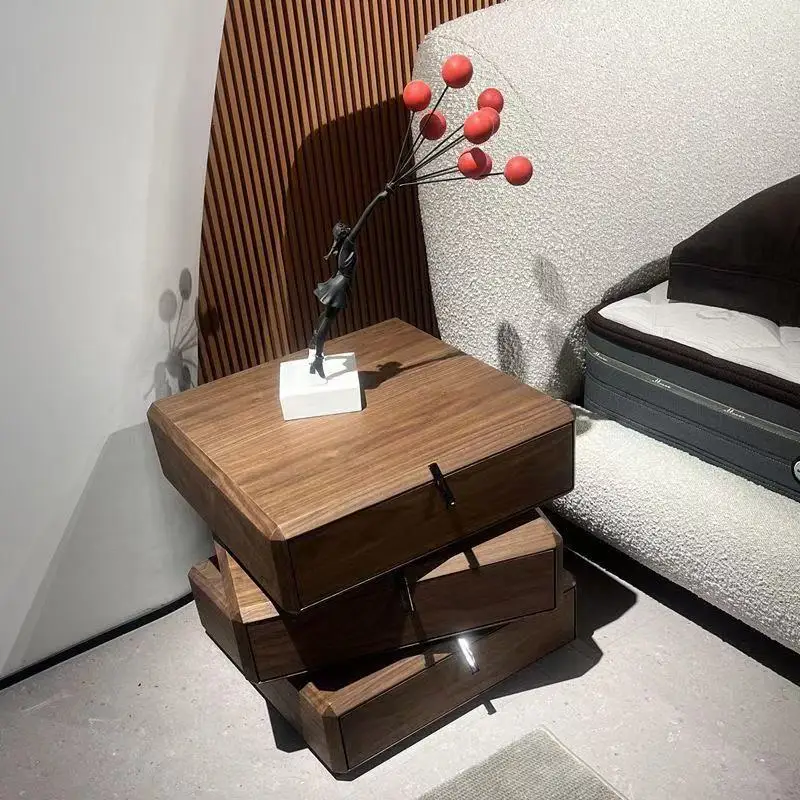 Italian minimalist rotating bedside table storage high-end simple modern solid wood light luxury creative bedroom bedside table