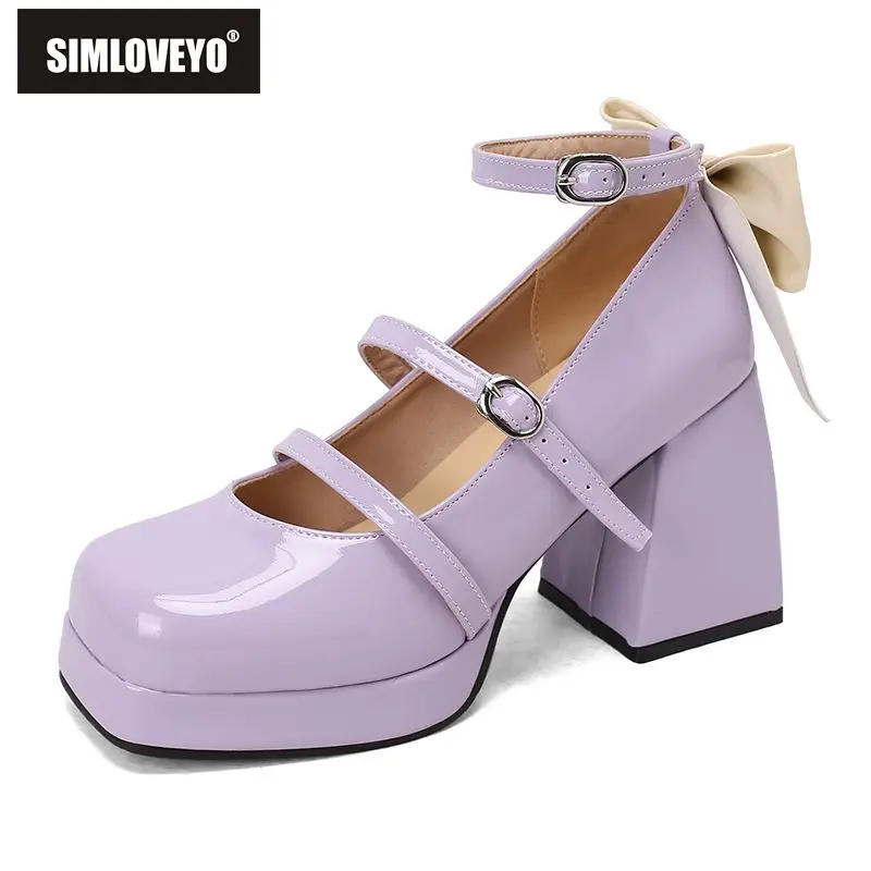 

SIMLOVEYO 2025 New Spring Women Pumps Square Toe Block Heels 9cm Platform 2cm Buckle Strap Bowknot Big Size 46 47 48 Sweet Shoes
