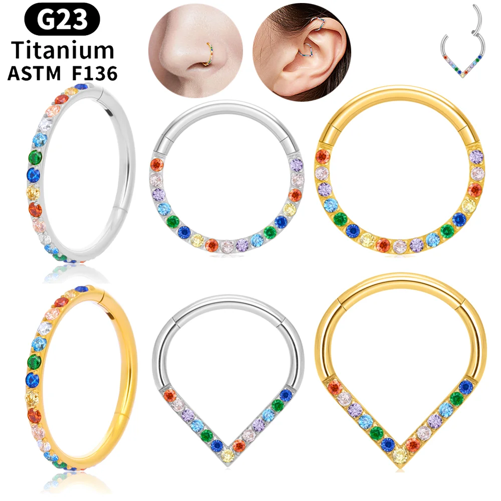 1pcs G23 Titanium Hinged Nose Rings Hoop Rainbow CZ Women Septum Piercing Clicker 16G Ear Tragus Cartilage Helix Earrings