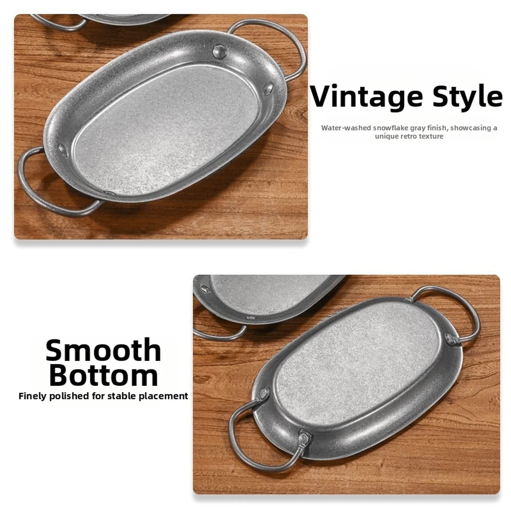 طبق المأكولات البحرية البيضاوي البيضاوي من الفولاذ المقاوم للصدأ مع مقابض مزدوجة لخدمة المأكولات البحرية وشرائح اللحم في المنزل أو الاستخدام التجاري