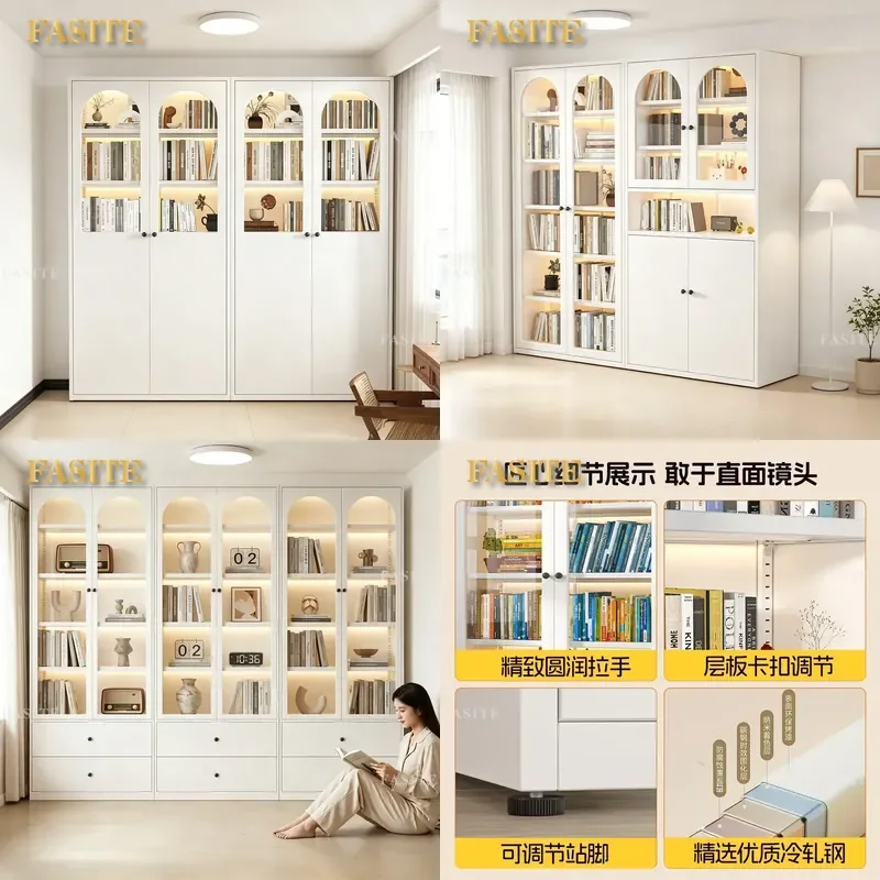 For Household Living Room Steel Bookcase with Glass Door Dust-proof Wrought Iron Floor Storage Shelf for Children Students