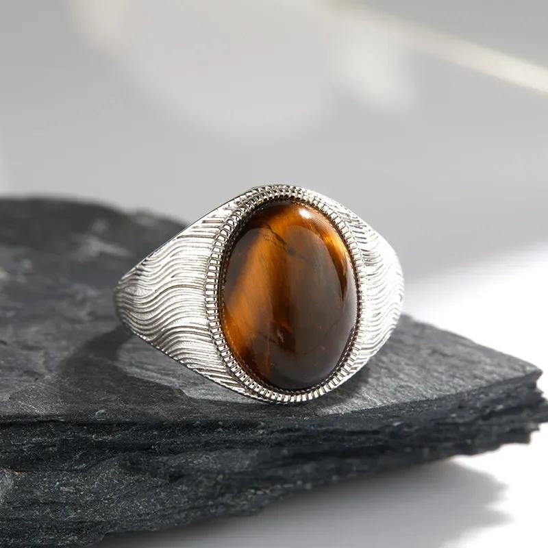 Domineering retro S925 sterling silver natural blue gold tiger eye colored treasure ring unisex fashion trendy open ring