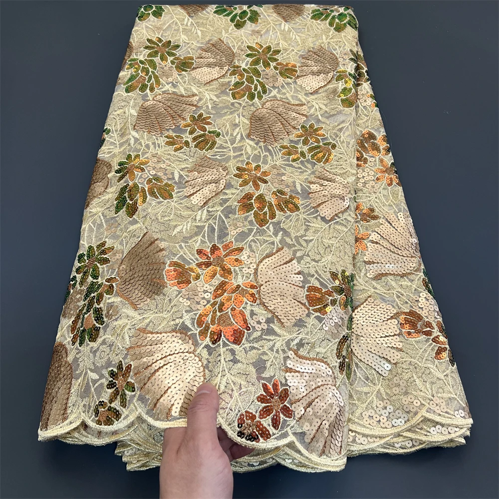 2025 الأفريقي النيجيري عالية الجودة الترتر تول تطريز أقمشة الدانتيل 5 ياردة الخياطة الخرز حجر لفساتين الحفلة الراقصة PS0075