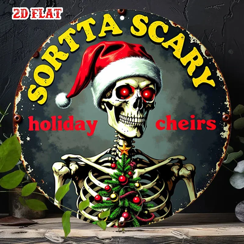 2D Flat, 1 Piece Horror Santa Skeleton Halloween Christmas Metal Wall Decor - A Slightly Spooky Festive Cheer Sign, Retro Gothic