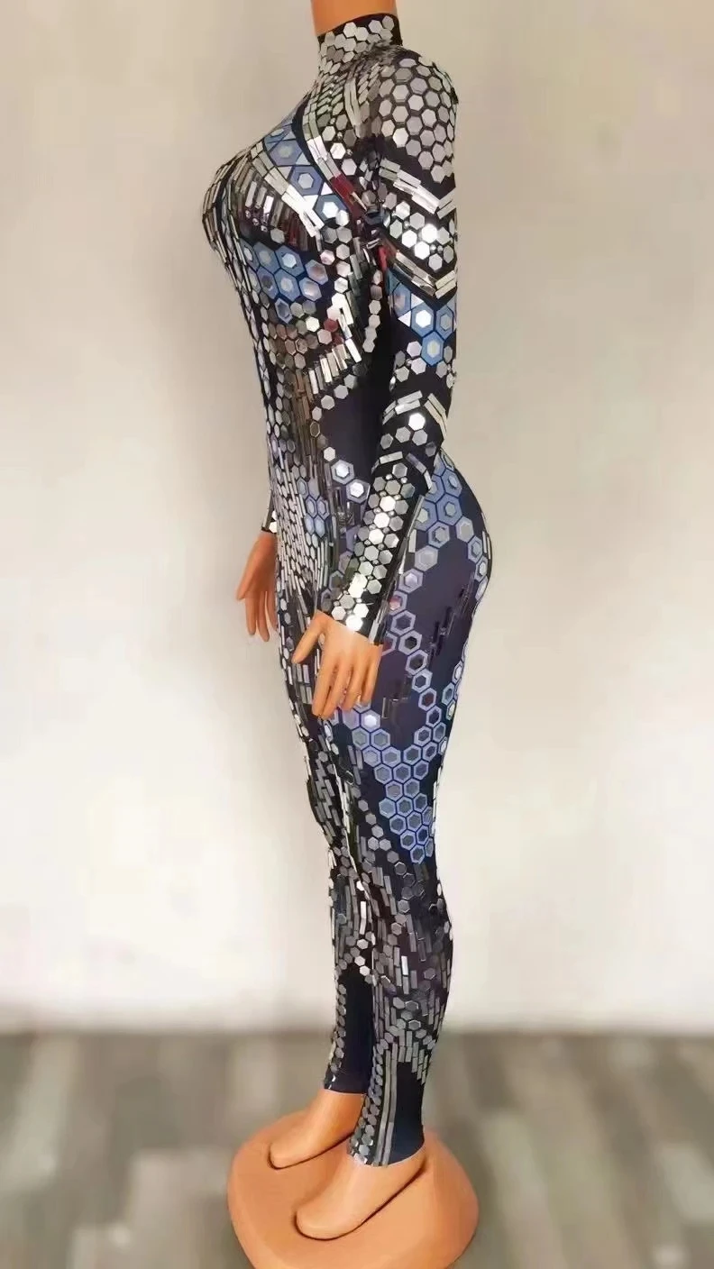 Pailletten Spiegel Zwart Spandex Jumpsuit Vrouwen Prom Danser Zangeres Kostuum Avond Verjaardag Show Bodysuit Zanger Outfit