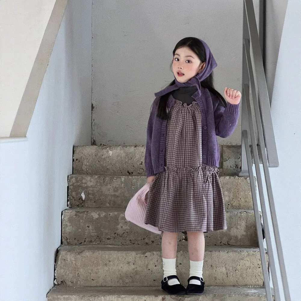 Girls Set 2026 Fall New Kids Korean Fashion Autumn Wear Knit Undershirt Plaid Camisole Dress Two Piece Set