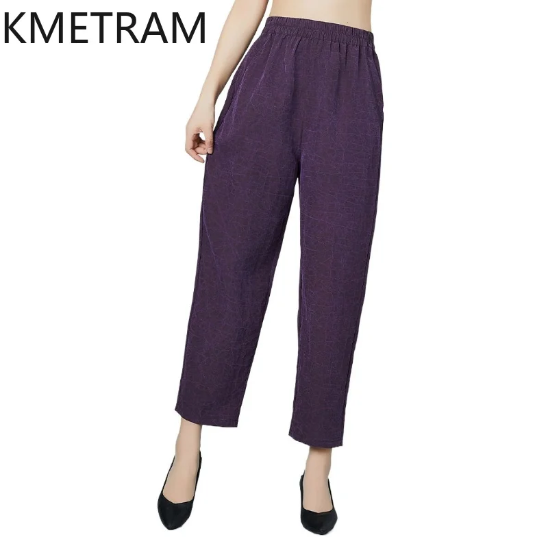 

KMETRAM 100% Mulberry Silk Women Pants 2026 Summer Purple Middle-aged Female's Ankle-length Casual Pencil Pants Pantalones Mujer