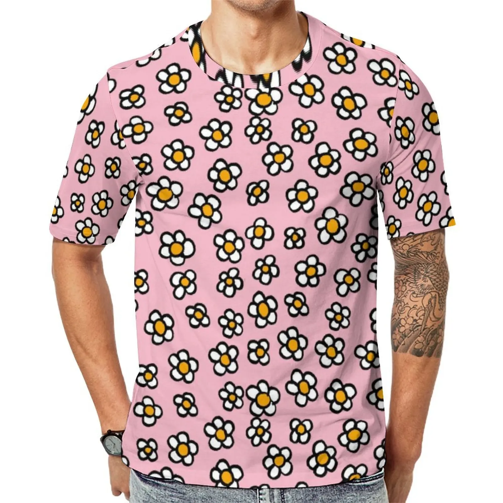 Man Pink Cartoon Flower Doodle Print T-Shirt Retro T-Shirts Short-Sleeve Design Tops Dropshipping Summer Basic Plus Size Clothes